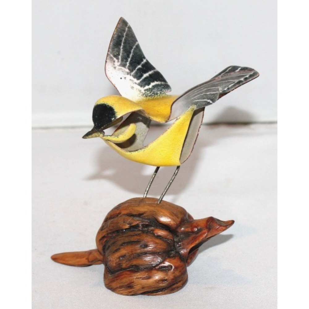 Norman Brumm enamel on copper bird goldfinch sculpture on wood base signed